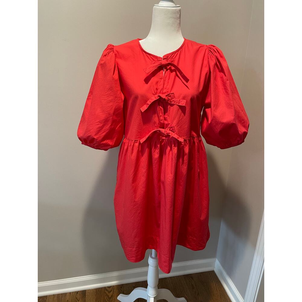 Band of the Free Babydoll Mini Dress Sz L Cotton Puff Sleeves Front Ties Red - Picture 10 of 10